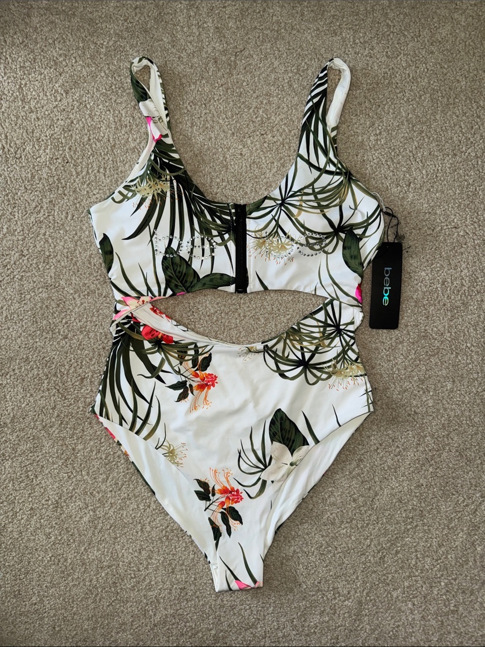 bebe White Tropical Cutout One-Piece Swimsuit with Green Leaf Print